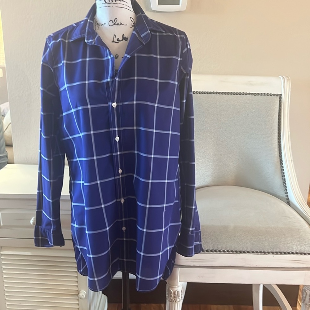 Frank & Eileen Grayson Shirt High Low Hem Tunic Blouse Windowpane Size Med